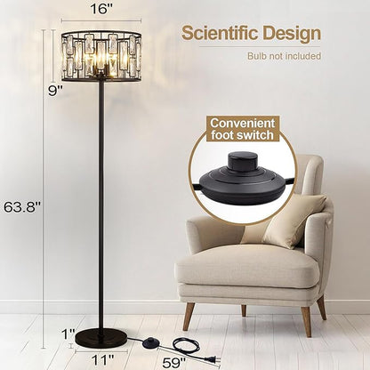 Wellmet Black Crystal Floor Lamp for Living Room, 4 Lights Modern Crystal Standing Lamp, Tall Elegant Floor Lamp with Foot Switch for Office, Reading Room, Bedroom, Dining Room, Entryway(E12 Base)