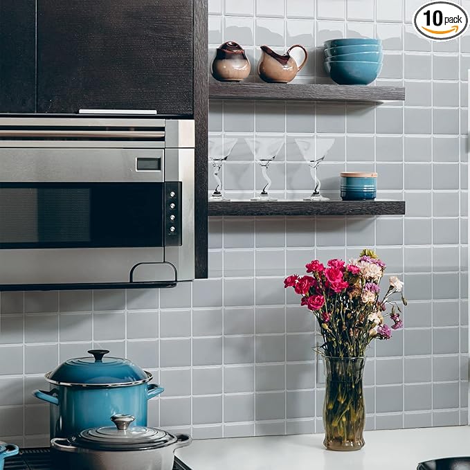 Alwayspon 10 Sheets 10"x10" Grey 3D Vinyl Backsplash Tiles, Self-Adhesive Peel and Stick Wall Tile Stickers Stick on Subway Tiles for Kitchen Bathroom Wall