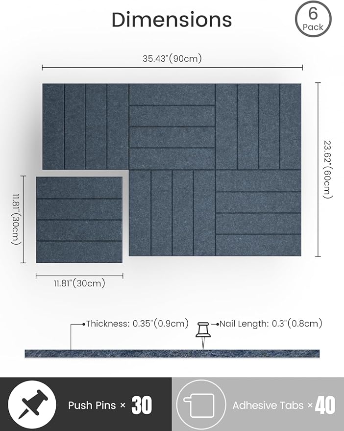 Bumusty Large Cork Board Alternative-36 x24 Felt Bulletin Board Tiles, with 30 Pushpins, 40 Adhesive Tabs, 6-Pack Slat Wall Paneling, Cork Boards for Office Push Pin Board Felt Board-Denim Blue