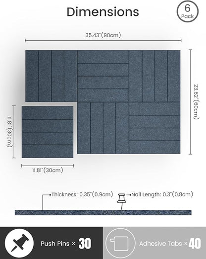 Bumusty Large Cork Board Alternative-36 x24 Felt Bulletin Board Tiles, with 30 Pushpins, 40 Adhesive Tabs, 6-Pack Slat Wall Paneling, Cork Boards for Office Push Pin Board Felt Board-Denim Blue