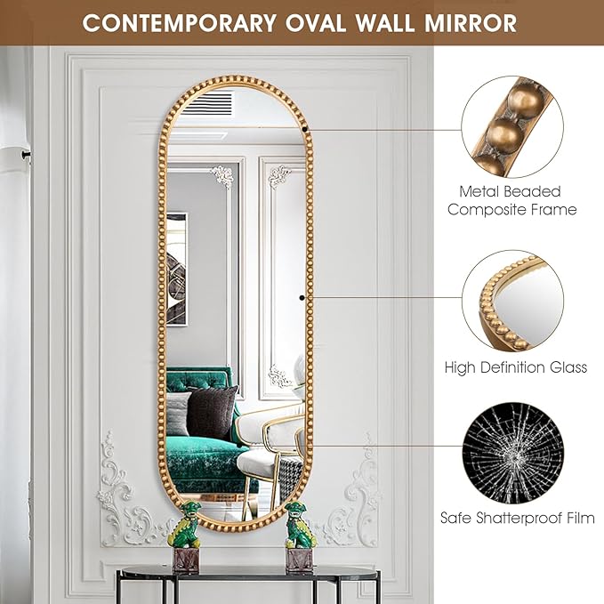 Oval Full Length Wall Mirror, 16"x47" Metal Beaded Frame Large Hanging Dressing Floor Mirror for Bedroom, Living Room, Entryway, Antique Gold (No Stand)