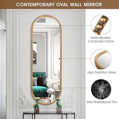 Oval Full Length Wall Mirror, 16"x47" Metal Beaded Frame Large Hanging Dressing Floor Mirror for Bedroom, Living Room, Entryway, Antique Gold (No Stand)