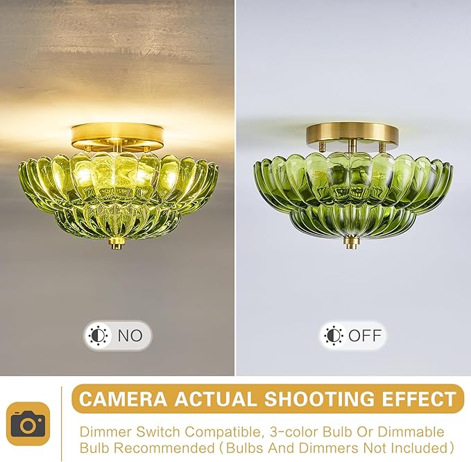 Modern Mid Century Gold Semi Flush Mount Ceiling Light Fixture,3 Lights Green Glass Close to Ceiling Lighting Fixtures for Bedroom Hallway Kitchen Foyer Bathroom Closet Laundry Room 11.8 inch