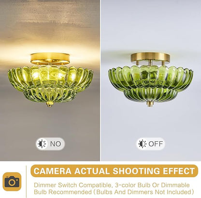 Modern Mid Century Gold Semi Flush Mount Ceiling Light Fixture,3 Lights Green Glass Close to Ceiling Lighting Fixtures for Bedroom Hallway Kitchen Foyer Bathroom Closet Laundry Room 11.8 inch