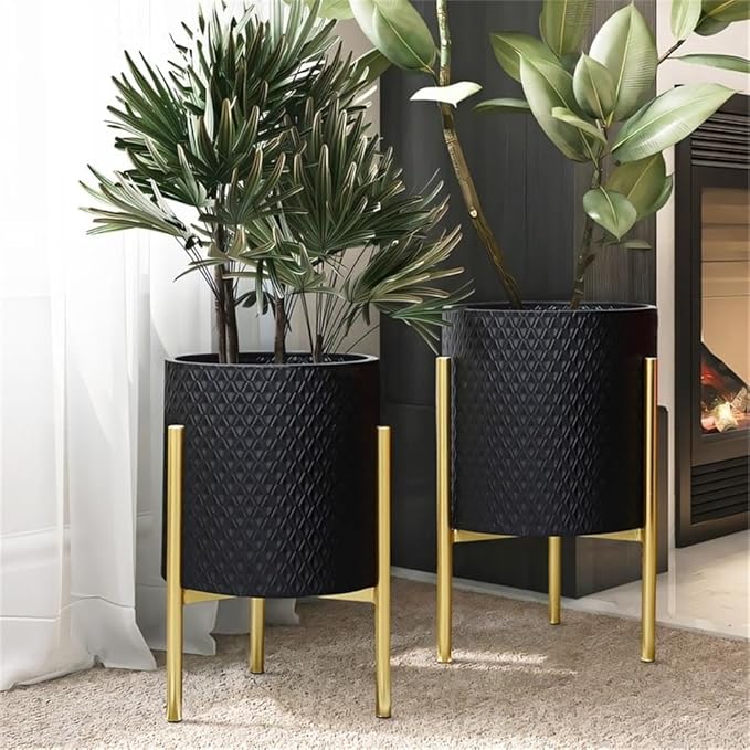 LuxenHome 2-Piece Diamond Pattern Round Metal Cachepot Planter Set, Black Planter with Gold Stands Set of 2 Indoor Plant Pots Large Floor Plant Pot for Plants, NOT Waterproof