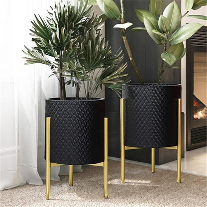 LuxenHome 2-Piece Diamond Pattern Round Metal Cachepot Planter Set, Black Planter with Gold Stands Set of 2 Indoor Plant Pots Large Floor Plant Pot for Plants, NOT Waterproof