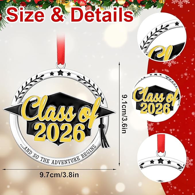 Graduation Ornament Class of 2026, Metal Graduation Cap Hanging Keepsake Ornament, Elegant Black and Gold Graduations Decorations for Tree, Senior 2026 Gift for Students, Grad Party Decorations