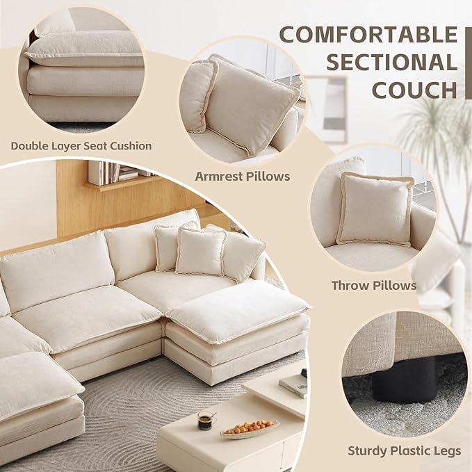 SoarFlash Chenille Sectional Sofa, Comfy L Shaped Modular Coush Sofa with Ottoman, Modern 3 Seat Couch Deep Seat Sofa Set for Living Room,Light Coffee