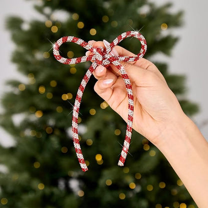 FLAIR GIFTS 6 Pcs 4.3" x 6" 2025 Christmas Bows for Tree Decor, Candy Cane Sparkly Glitter Rhinestone Bow Ornaments with Twist Tie for Xmas Decoration, Wreath, Garland, Gift Wrapping
