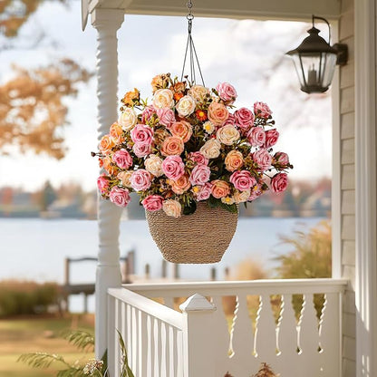 Artificial Flowers for Outdoor 4 Bundles Rose Bouquet with Daisy Faux Flowers UV Resistant for Home Indoor Outside Garden Porch Window Box Balcony Yard Porch Decor (Pink+Orange)