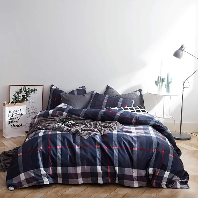 Pureant Navy Blue Plaid Comforter Set Full Blue Grid Bedding Comforter Sets for Men Boys Tartan Geometric Full Comforter Soft Buffalo Grid Quilts Boho Blue Full Size Comforter Sets Breathable