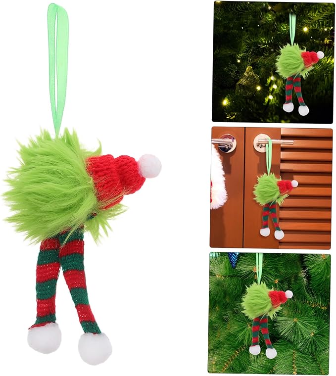 6pcs Christmas Tree Hanging Ornaments with Santa Hat and Striped Scarf Fuzzy Plush Pom Pom Balls Lightweight Holiday Decorations for Indoor and Outdoor Festive Party