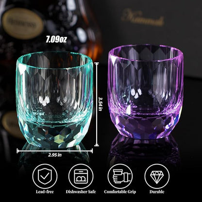 KAMMAK Crystal Whiskey Glasses Set of 2, 7oz Old Fashioned Glasses Stemless, Hand Blown Colored Cocktail Glasses, Engagement Gifts for Couples, Women, Men