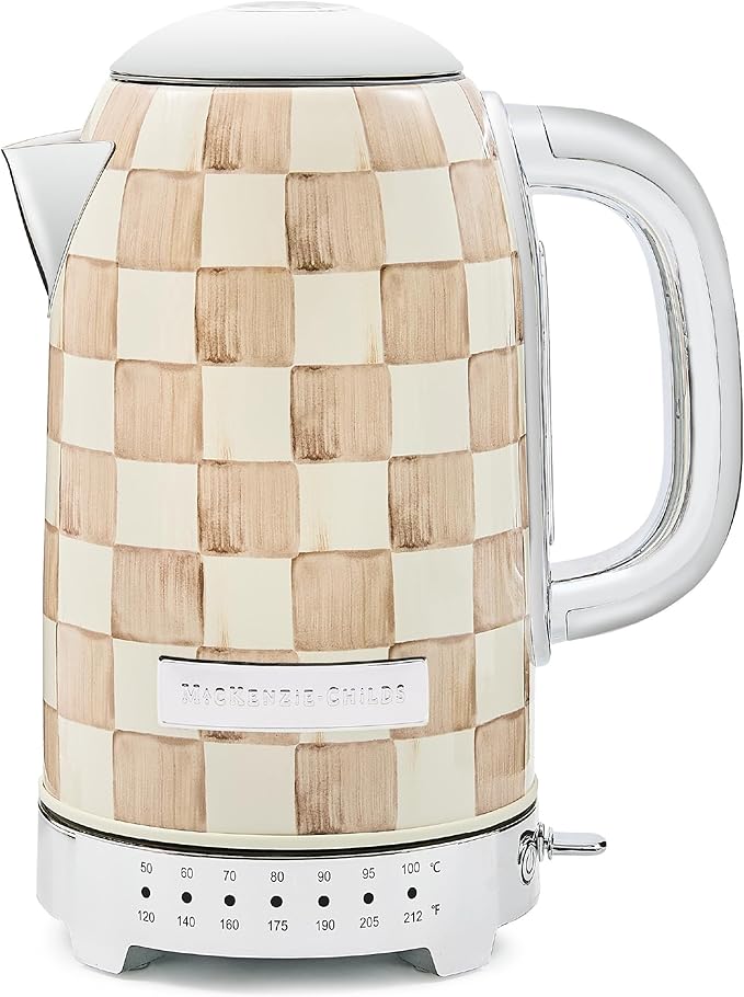 MACKENZIE-CHILDS Electric Kettle, Stainless-Steel Appliances Kettle, Brown-and-White Mocha Check