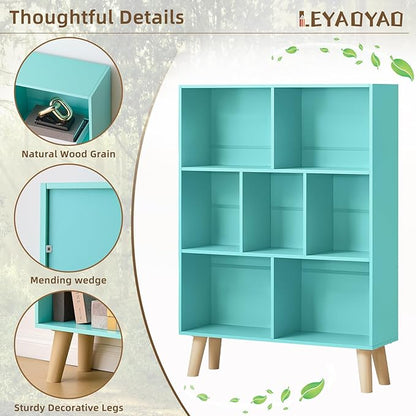 LEYAOYAO 7 Cube Bookshelf 3-Tier Bookcase with Legs, Mint-Green Kids Book Shelf Cute Storage Organizer, Toy Shelves Bookshelves,Wood Display Bookcases