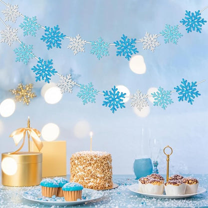 2Pack Silver Blue Snowflake Garland Winter Wonderland Decorations, Glitter Snowflake Banner for Boy Frozen Birthday Party Decorations and Christmas Baby Shower Party Supplies, No DIY.