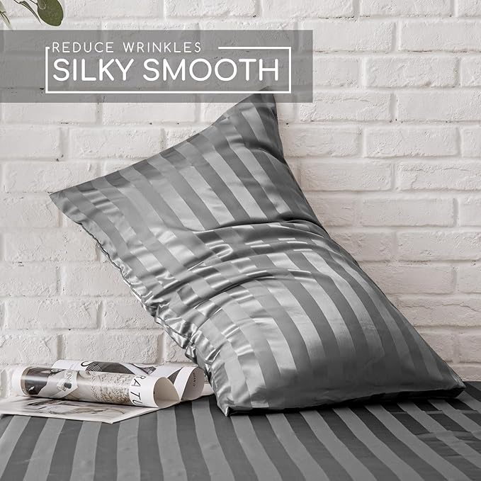 MR&HM Satin Bed Sheets, King Size Sheets Set, 4 Pcs Silky Bedding Set with 15 Inches Deep Pocket for Mattress (King, Dark Grey Striped)