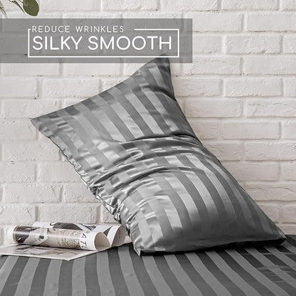 MR&HM Satin Bed Sheets, King Size Sheets Set, 4 Pcs Silky Bedding Set with 15 Inches Deep Pocket for Mattress (King, Dark Grey Striped)