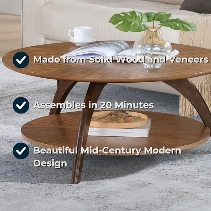 Martin Svensson Home LAX Retro Mid-Century Modern Round Wood Coffee Table with Lower Shelf, Cocktail Table for Living Room or Den. Caramel Brown with Walnut Brown Legs.