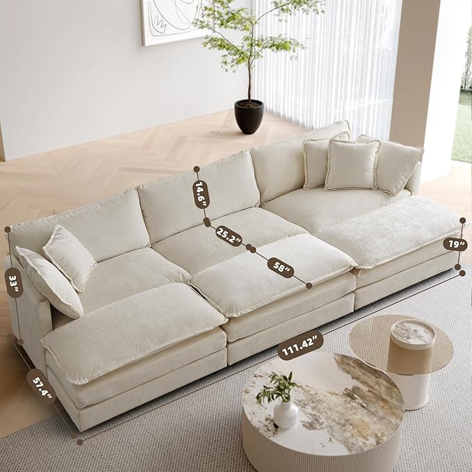 SoarFlash Chenille Sectional Sofa, Comfy Modular Coush Sofa with Ottoman, Modern 3 Seat Recliner Deep Seat Sofa Set for Living Room,Light Coffee