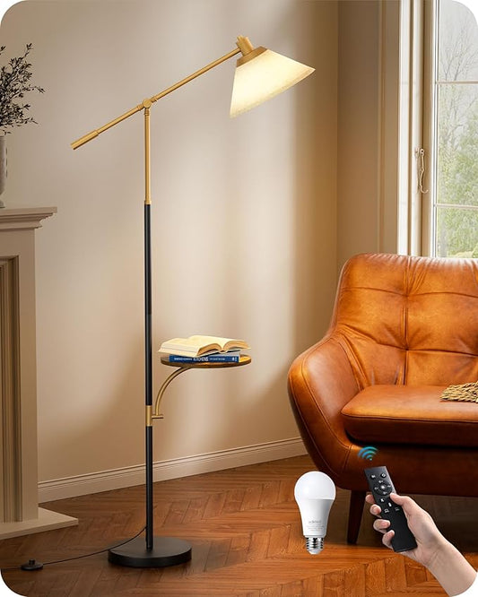 EDISHINE 68" Arc Floor Lamp with Table, Vintage Standing Lamp for Living Room, Height Adjustable, 5 Color Temperatures LED Bulb Included, Beige Shade, for Bedroom Office, Wood Grain