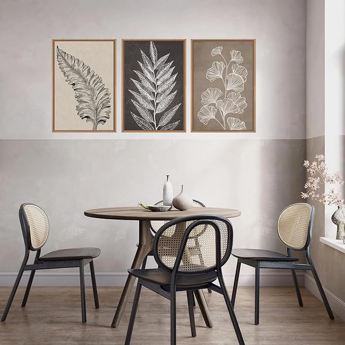 HOURIA Beige Brown Botanical Leaf Framed Canvas Wall Art Set,Modern Natural Leaves Wall Decor,Vintage Minimalist Floral Artwork,Black and White Plant Art Print for Living Room,Bedroom,Office-24"x36"x3