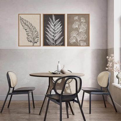 HOURIA Beige Brown Botanical Leaf Framed Canvas Wall Art Set,Modern Natural Leaves Wall Decor,Vintage Minimalist Floral Artwork,Black and White Plant Art Print for Living Room,Bedroom,Office-24"x36"x3