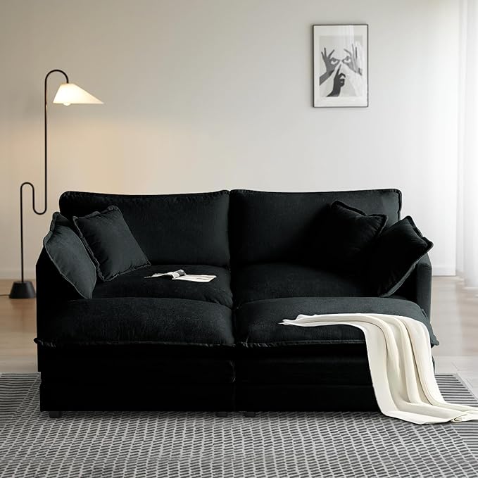 SoarFlash Chenille Sectional Sofa, Comfy Modular Coush Sofa with Ottoman, Modern 2 Seat Recliner Deep Seat Sofa Set for Living Room,Black