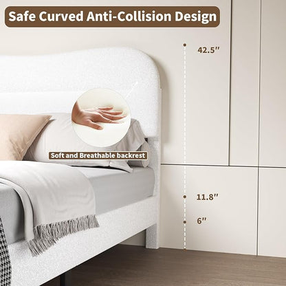 Queen Size Bed Frame with Headboard, upholstered Bed Frame Queen Size, Teddy Soft Boucle Fabric, Soft Cloud Marshmallow Shape Headboard, No Box Spring Needed, Noise Free (White)