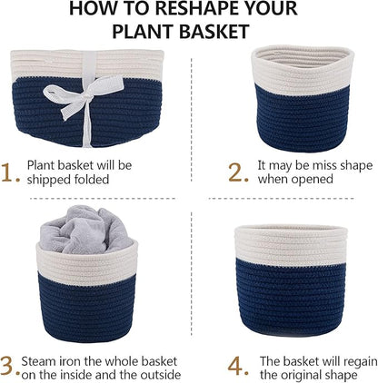 Cotton Rope Plant Basket Woven Baskets for 6" Pot Floor Indoor Planters,Rustic Home Decor H6 3/4" x W6 1/2" White Stitching Navy Blue