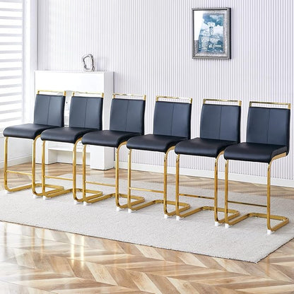 Counter Height Bar Stools Set of 6,Bar Stools with Back,25" Black Island Chairs with Gold Chrome Plated Metal Leg,Faux Leather Barstools for Pub Kitchen Counter Dining Chair