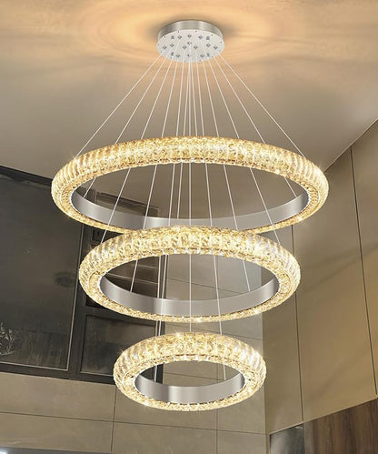 31.5" 3 Ring Crystal Chandelier Modern LED Dimmable Ring Pendant Light Round Chandelier for Dining Room Living Room Silver