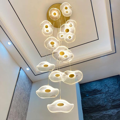 ziidoo High Ceiling Chandelier - 18-Light Dimmable Modern Gold Long Spiral Luxury Linear Lotus Leaf Led Lamp Hanging Pendant Lights for Foyer Enterway Staircase Villas