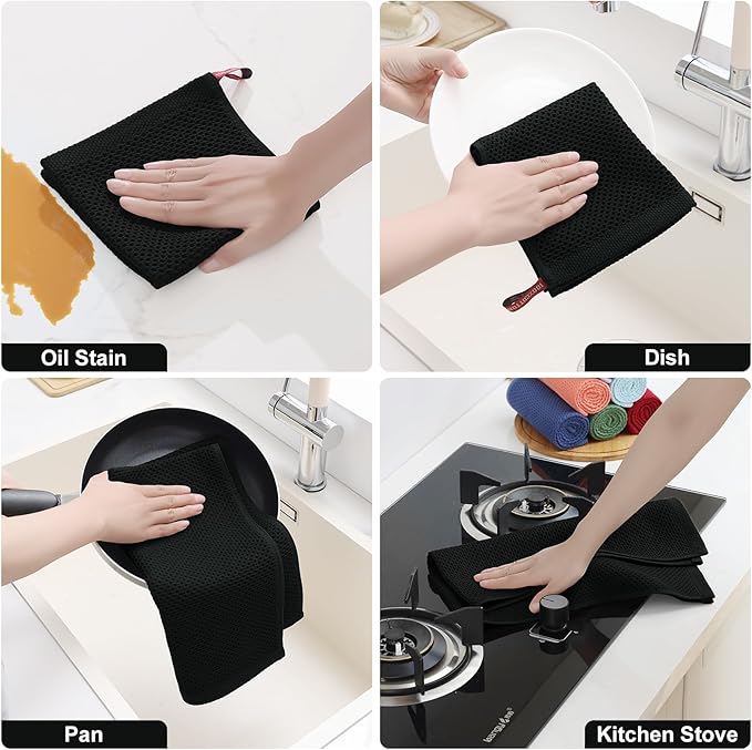Homaxy 100% Cotton Kitchen Towels and Dishcloths Set, 12 x 12 Inches and 13 x 28 Inches, Set of 12 Bulk Kitchen Towels Set, Ultra Soft Absorbent Dish Cloths for Washing Dishes, Black