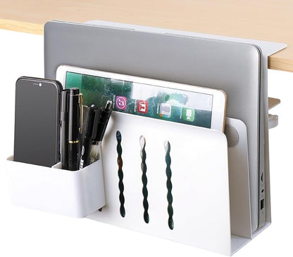 2 TIER Desk Side Storage Upgraded Under Desk Organizer, No Drill Hanging Laptop Holder Under Desk, Clamp-On Table Side Steel Desktop Organization for Office and Home (White)
