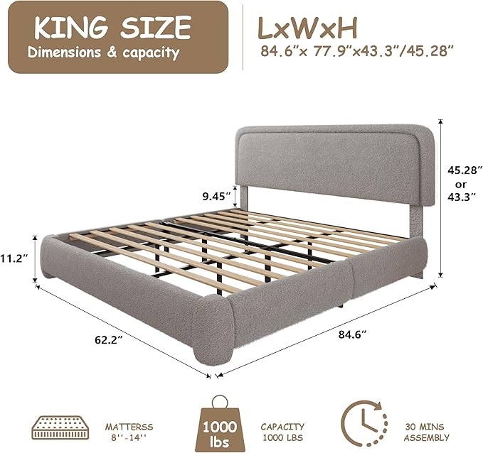 King Size Boucle Bed Frame, Cloud Upholstered Platform Bed with Height Adjustable Headboard & Soft Rounded Corners, No Box Spring Needed, Noise Free, Easy Assembly, Light Grey