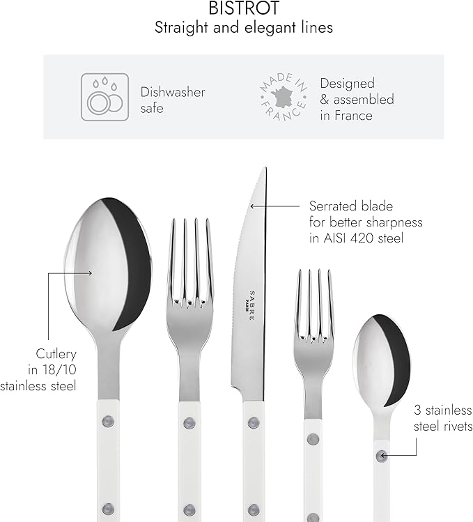 5-Piece Flatware Set - Bistrot Collection - Knife, Fork, Soup Spoon, Teaspoon & Dessert Fork - Stainless Steel & Nylon - Dishwasher Safe - White - Brilliant Finish