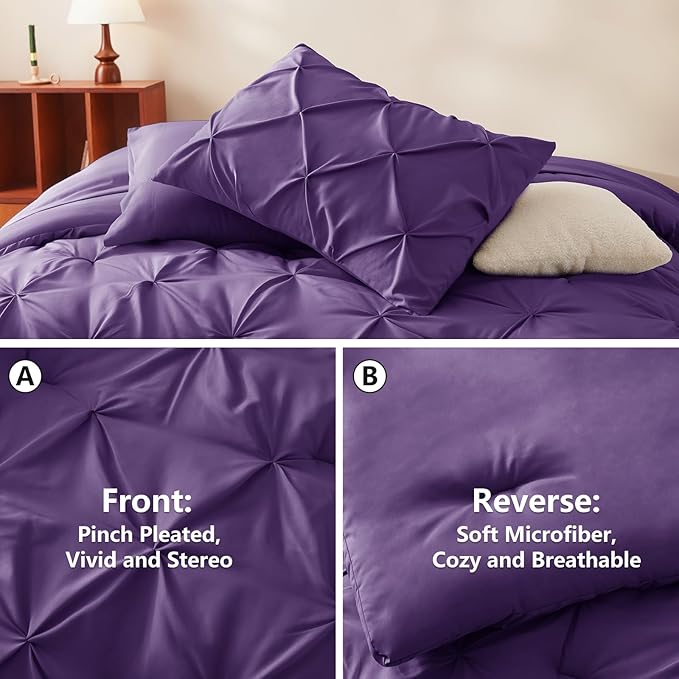 CozyLux Queen Comforter Set Purple, 7 Pieces Pintuck Bed in A Bag, Premium Purple Comforter Queen Size, Pinch Pleat Bedding Sets with Comforter, Sheets, Pillowcases & Shams