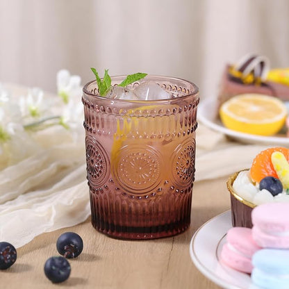 Vintage Glassware Drinking Glasses Set of 4-10.5 oz Purple Glasses Water Tumbler, Embossed Glassware Cups for Juice, Beer, Cocktail, Whiskey, Various Mixed Drinks