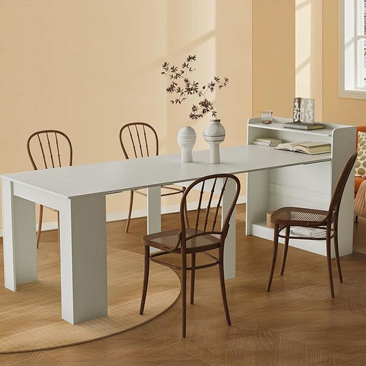 21''- 98.43'' Extendable Dining Room Table, Expandable Dining Table, Modern Large Table, for 2-9 Person(with Shelf), White