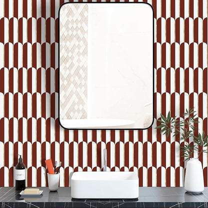 Vamos Tile Peel and Stick Backsplash Seamless Tile for Kitchen,White and Red PVC Mixed Light Gold Self Adhesive Fish Scale Metal Mosaic Tiles (10 Sheets)