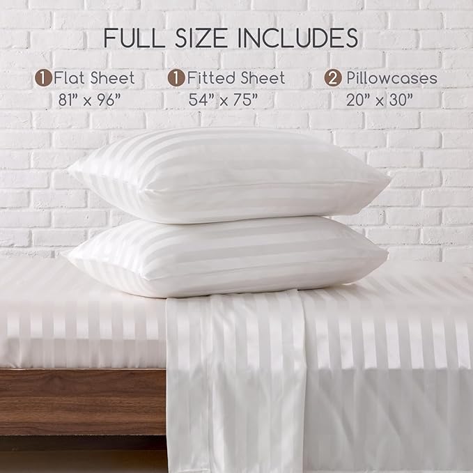 MR&HM Satin Bed Sheets, Full Size Sheets Set, 4 Pcs Silky Bedding Set with 15 Inches Deep Pocket for Mattress (Full, Ivory Striped)