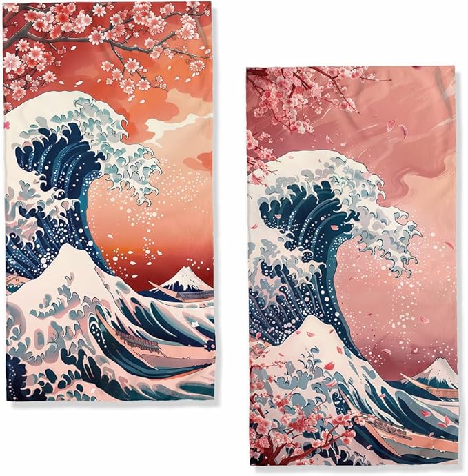 Cherry Blossom Kitchen Towels Set of 2 Japanese Ocean Wave Anime Dish Towels Gifts for Women 16x24 Tabletop Decor