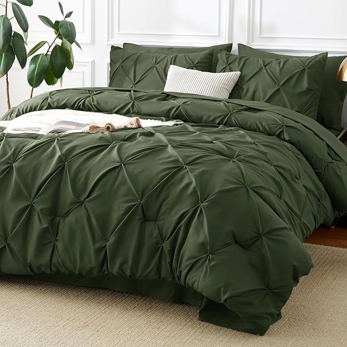 CozyLux King Size Comforter Set Olive Green, 7 Pieces Pintuck Bed in A Bag Green Comforter King Size, Pinch Pleat Bedding Set with All Season Comforter, Sheets, Pillowcases & Shams