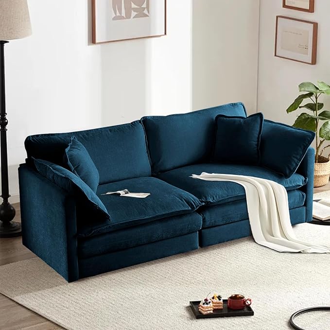 SoarFlash Chenille Sectional Sofa, Comfy Modular Loveseat Sofa, Modern 2-Seat Couch Deep Seat Sofa Set for Living Room,Deep Blue