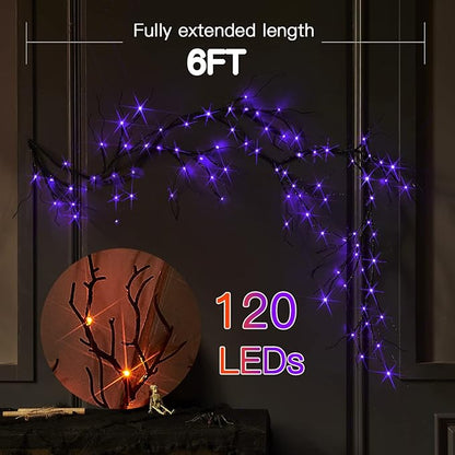 Fudios Lighted Halloween Garland with 120 Orange and Purple LED Fairy Lights for Mantle, Halloween Black Garland with Lights 8 Functios Battery Operated 6FT Indoor Outdoor Home Wall Decoration