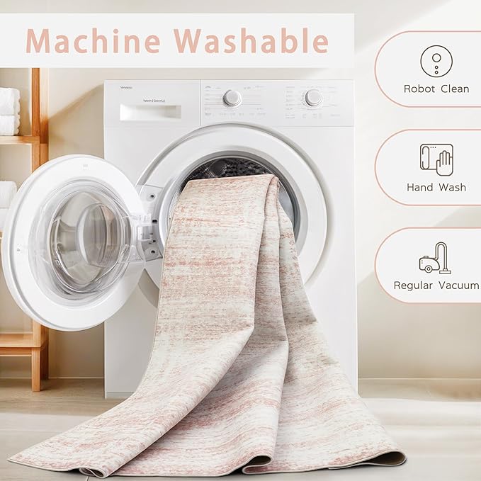 Washable Rugs 8x10 Area Rugs for Living Room,Rugs for Bedroom,Large Carpets,Ultra Soft Faux Wool Retro Dining Room Rug,Non Slip&Non-Shedding Low Pile Vintage Print Rug for Home Office-Pink White