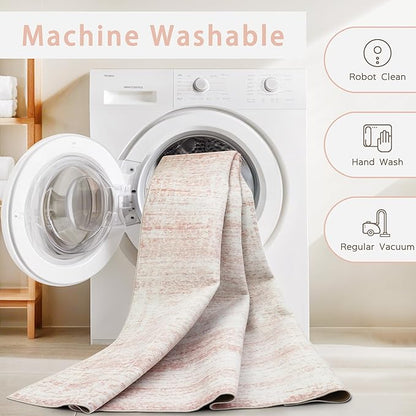 Washable Rugs 8x10 Area Rugs for Living Room,Rugs for Bedroom,Large Carpets,Ultra Soft Faux Wool Retro Dining Room Rug,Non Slip&Non-Shedding Low Pile Vintage Print Rug for Home Office-Pink White