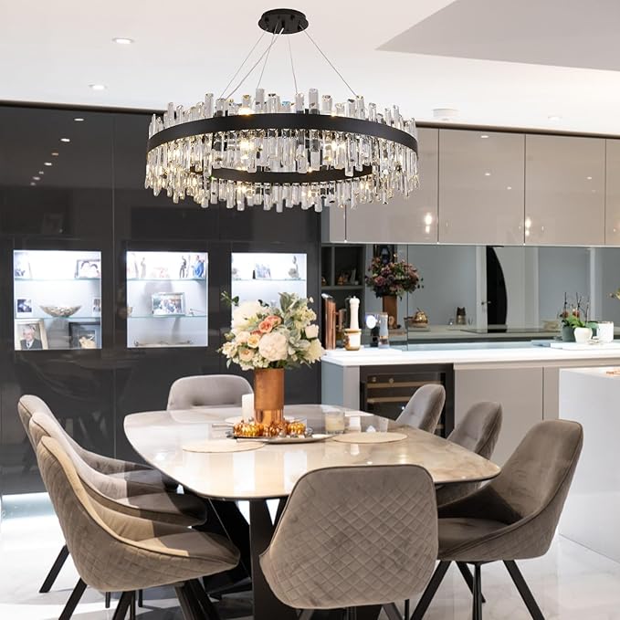 Siljoy Modern Crystal Chandelier Farmhouse Black Round 2-Tiers K9 Crystal Raindrop Chandelier Adjustable Flush Mount Crystal Ceiling Light for Dining Living Room Entryway Foyer E12x20, D39.4''