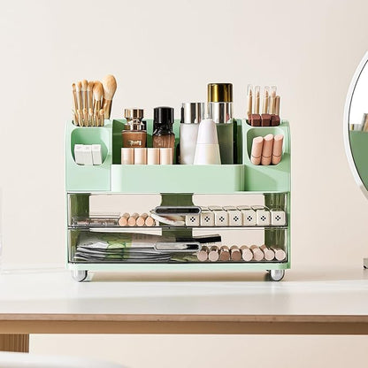 Makeup Organizer for Vanity with 2 Large Drawers, Cosmetic Display Case with Brush Holders, Easy to Storage for Bathroom Countertop Skincare, Desk Office Supplies, Green